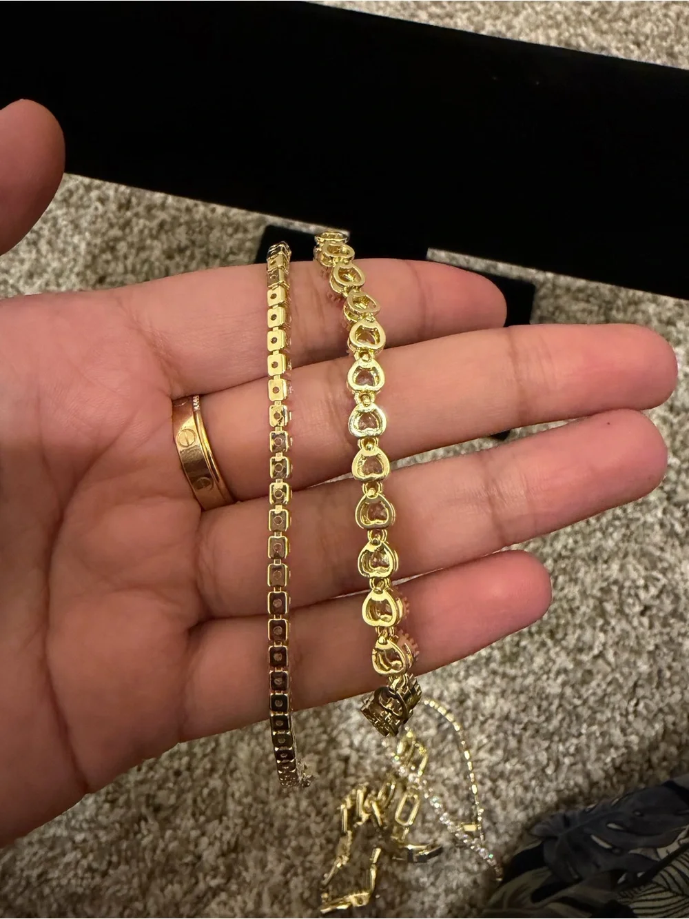 Gold Plated Heart & Crystal Tennis Bracelet Stack Set 7”